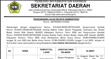 Pemkab Karimun Umumkan Nama Lolos Seleksi Administrasi Calon Pimpinan BUMD