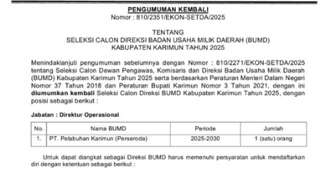 Pendaftaran Direktur Operasional PT Pelabuhan Karimun Diperpanjang hingga 2 Juli 2025