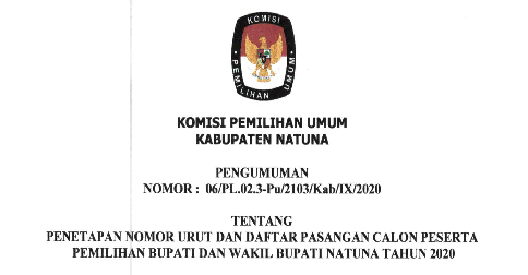 Ini Daftar dan Nomor Urut Pasangan Cabup dan Cawabup Natuna Tahun 2020 yang Ditetapkan oleh KPU Natuna