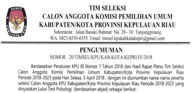 Ini Nama Peserta yang Lulus Tes Psikologi Calon Anggota KPU Kabupaten/Kota se-Kepri