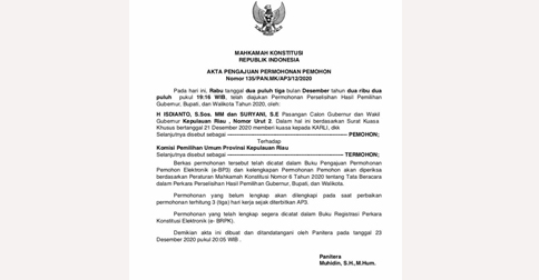 Sudah Teregister di MK, INSANI Resmi Gugat Hasil Pilkada Kepri 2020