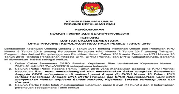 KPU Tetapkan DCS DPRD Kepri pada Pemilu 2019, Ini Daftarnya