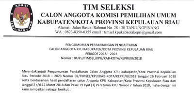 Timsel Perpanjang Pendaftaran Calon Anggota KPU Kabupaten Anambas dan Natuna