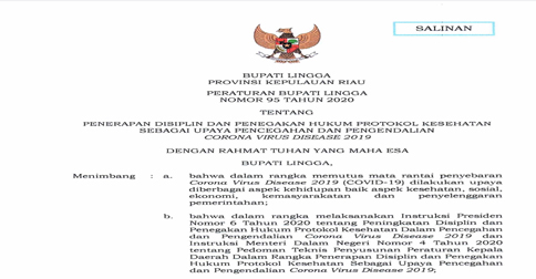 Sanksi Denda Rp 150 Ribu - Rp 1 Juta Menanti Pelanggar Protokol Kesehatan di Lingga